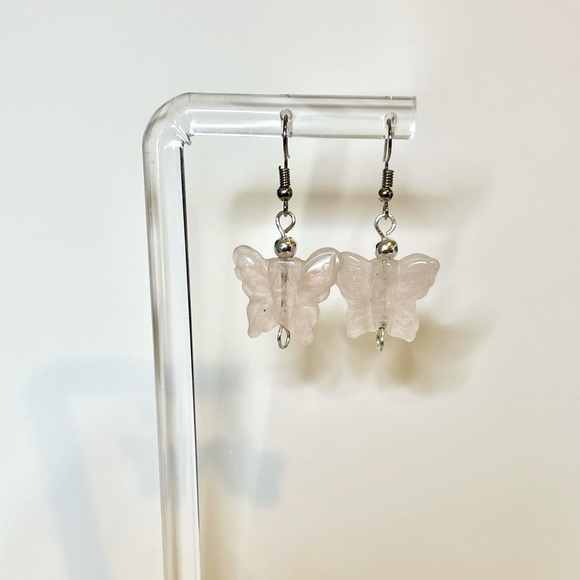 Carved Rose Quartz Butterfly Earrings - Picture 10 of 14